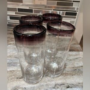 Mexican Hand Blown Clear Glass Tall Tumblers Violet Purple Rim 20oz Set of 4